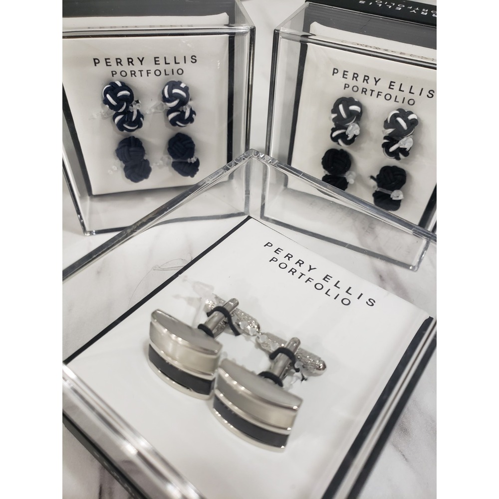 LOT 3 Navy Blue‎ & Black Silver Perry Ellis Portfolio Silk Knot Cufflinks Prep